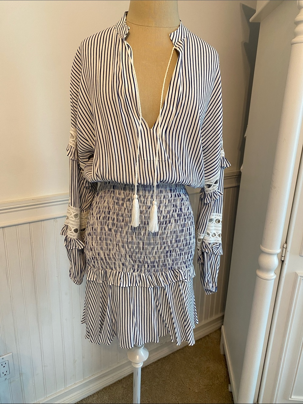 Aqua Navy and White Striped Smocked Dress